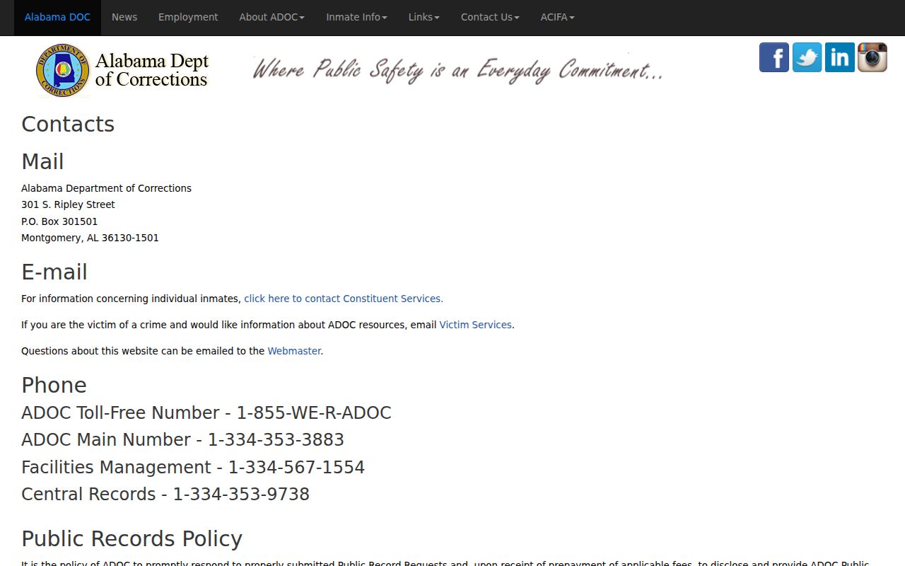 Henry County inmate records ADOC contact page