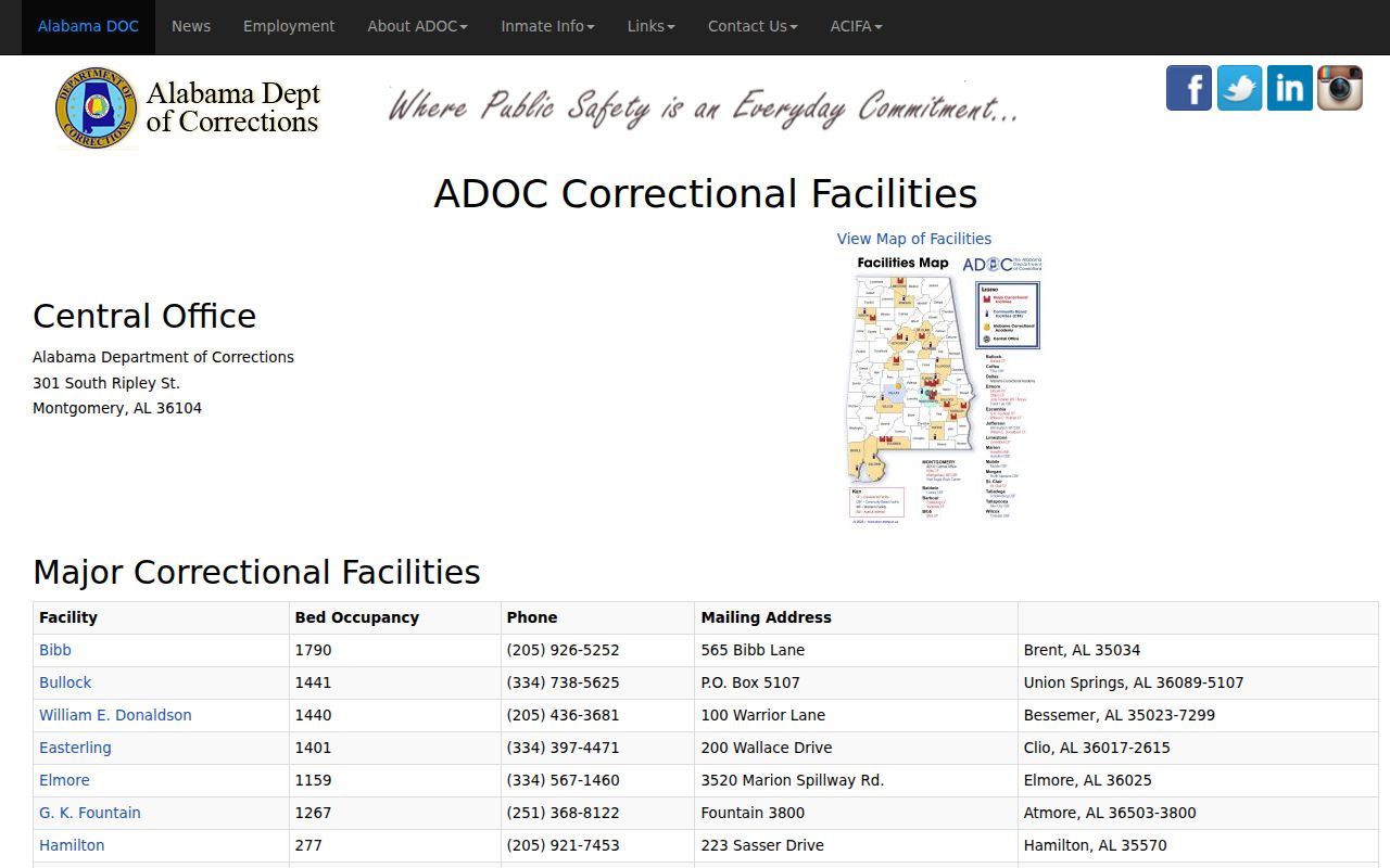 Henry County inmate records ADOC facility addresses